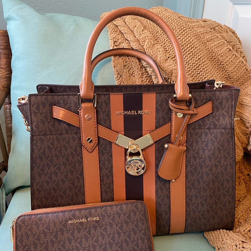Michael Kors Nouveau Hamilton Large Logo Stripe Satchel